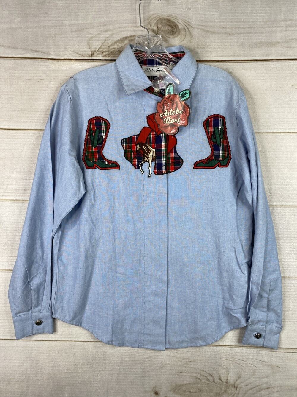 Vtg Adobe Rose Top Womens S Blue Red Plaid Horses Western Cowgirl Button Up NWT